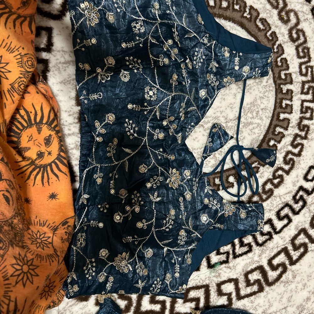 Embroidered Blue Crop Top and ready to wear saree